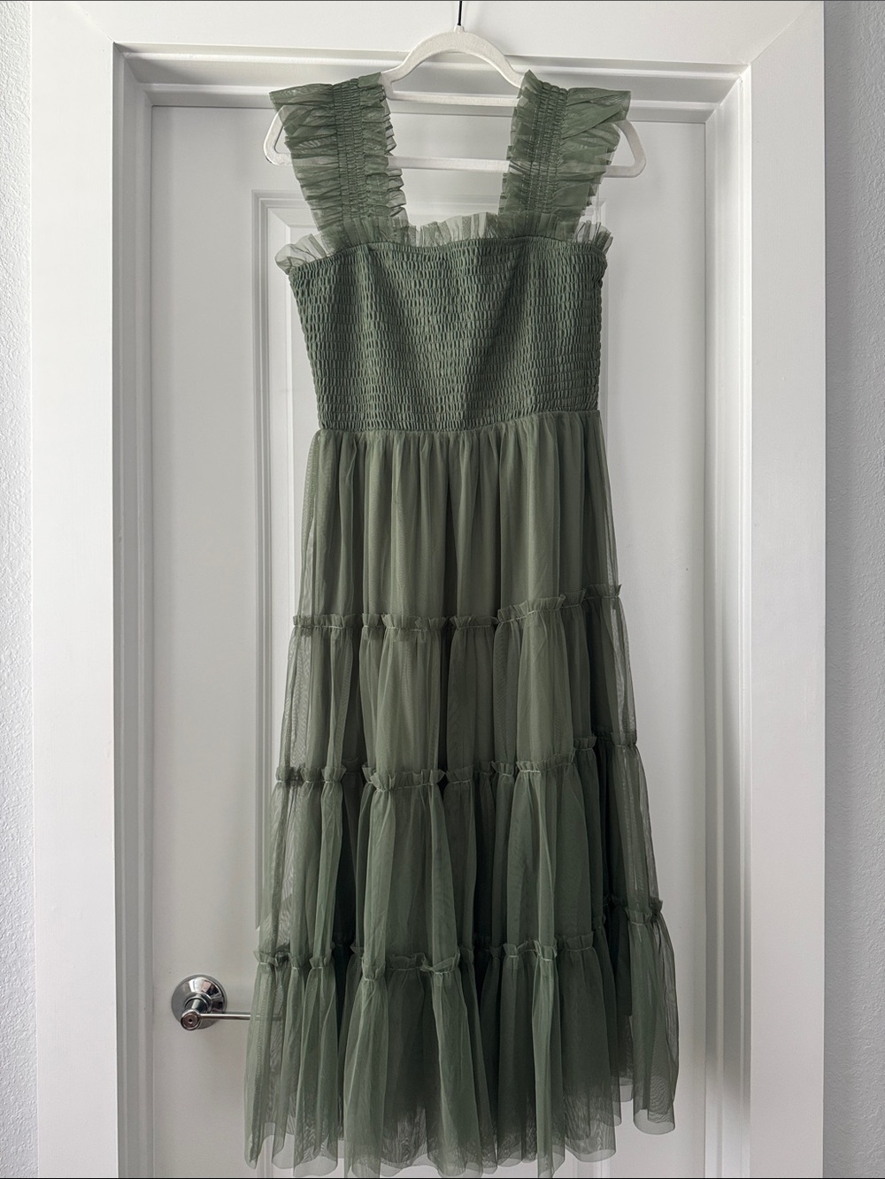 Olive Green Tiered Tulle Midi Dress